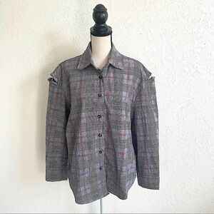 JCL Women’s Gray Plaid Long Sleeve Cold Shoulder Button Up Shirt Small M Retro